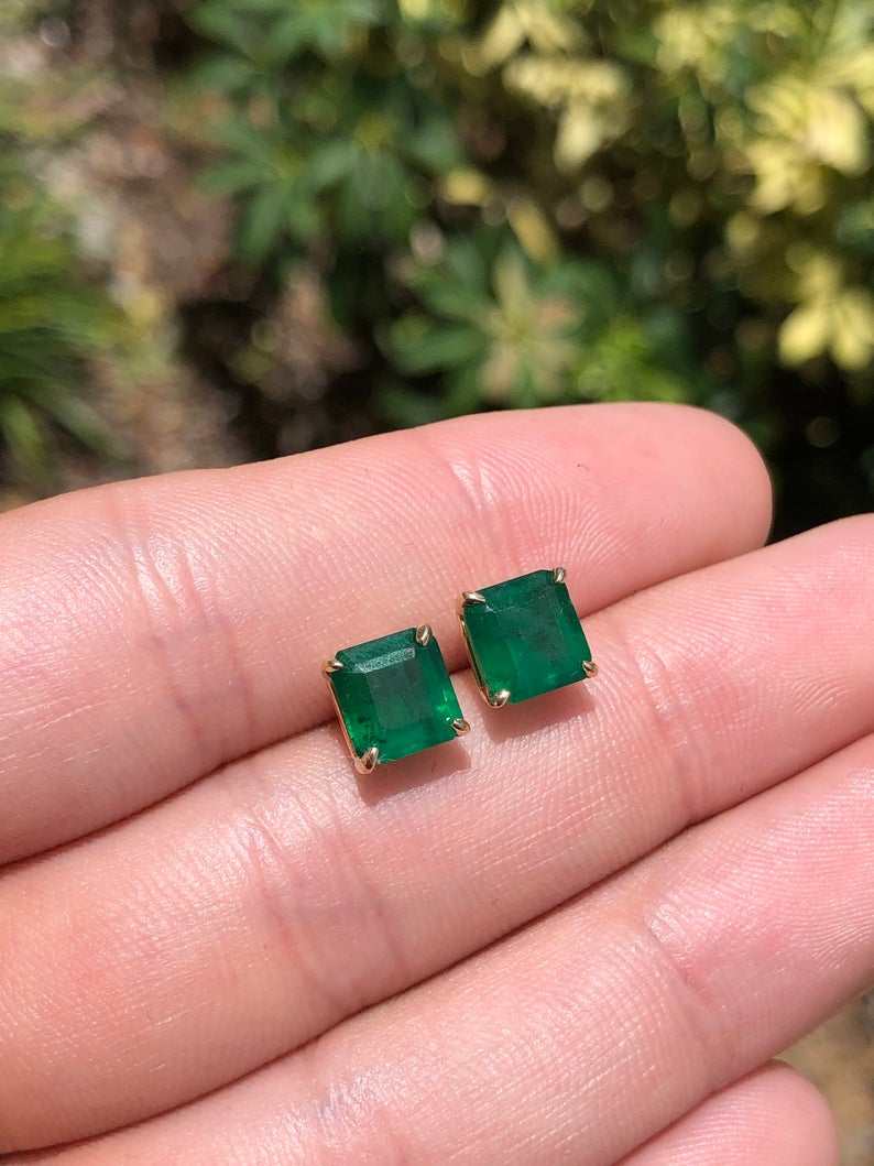 Gorgeous 3.26tcw Natural Dark Rich Green Emerald Stud Earrings 18K