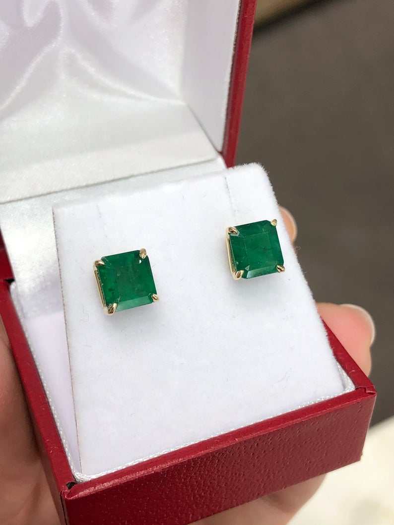 Gorgeous 3.26tcw Natural Dark Rich Green Emerald Stud Earrings 18K