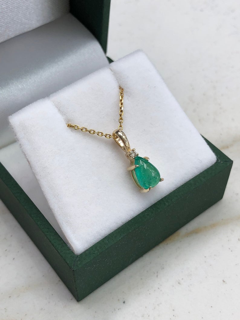 0.83tcw Cabochon Emerald Pear & Diamond Accent Pendant 14K