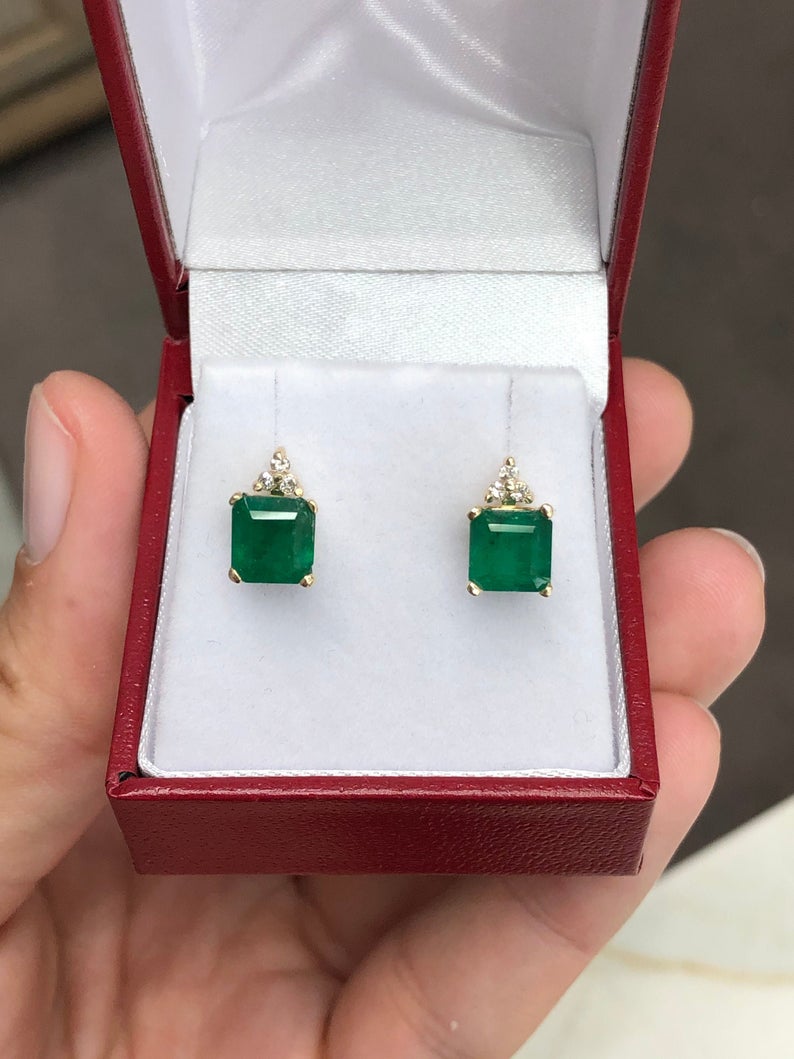 2.92tcw Square Cut Dark Green Emerald & 3 Stone Diamond Accent Stud Earrings 14K gift
