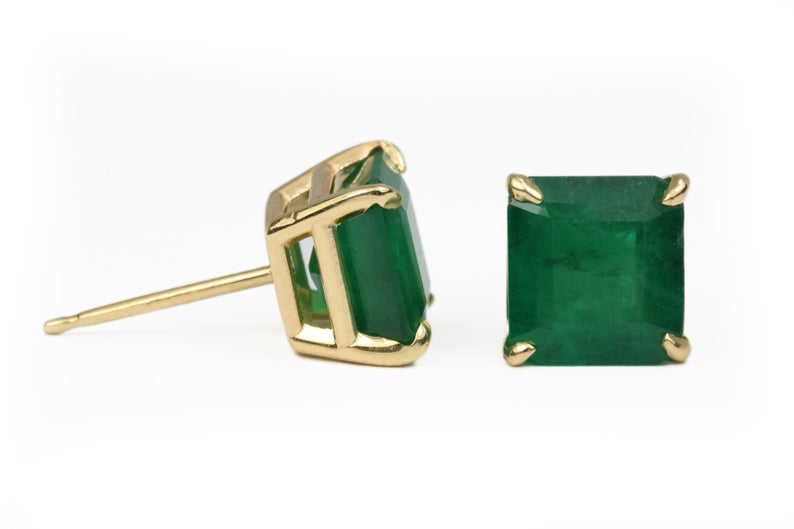 18K Gold Natural Dark Rich Green Emerald Stud