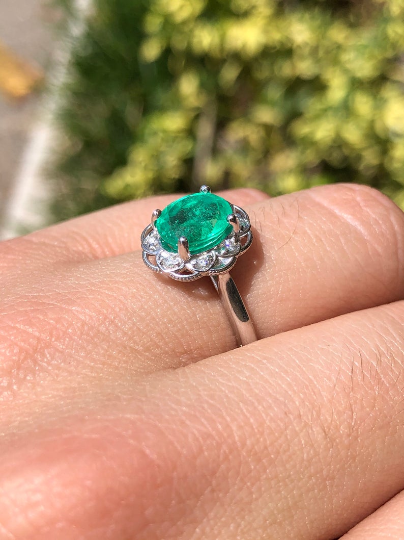 Natural Emerald Oval & Floral Diamond Halo Engagement Ring