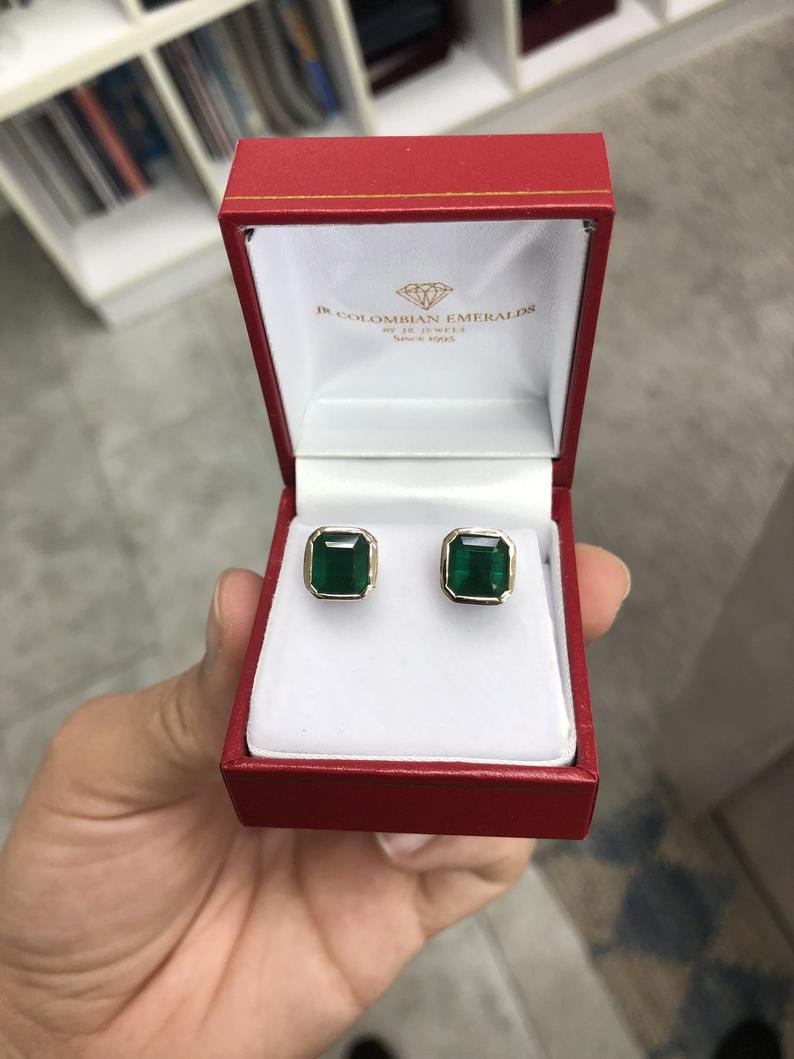 Green Big Bezel Set Square Emerald Gold Earrings