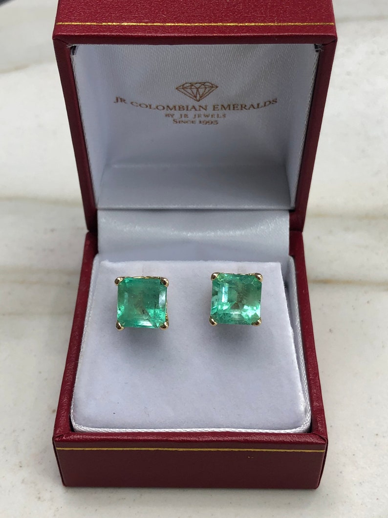 Colombian Emerald 5.70tcw Asscher Cut Natural May Birthstone solid 18K gold Earrings gift