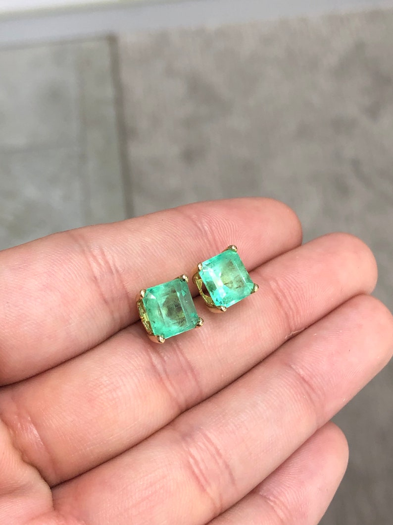 Large 5.70tcw 18K Colombian Emerald Asscher Cut Natural May Birthstone Earrings