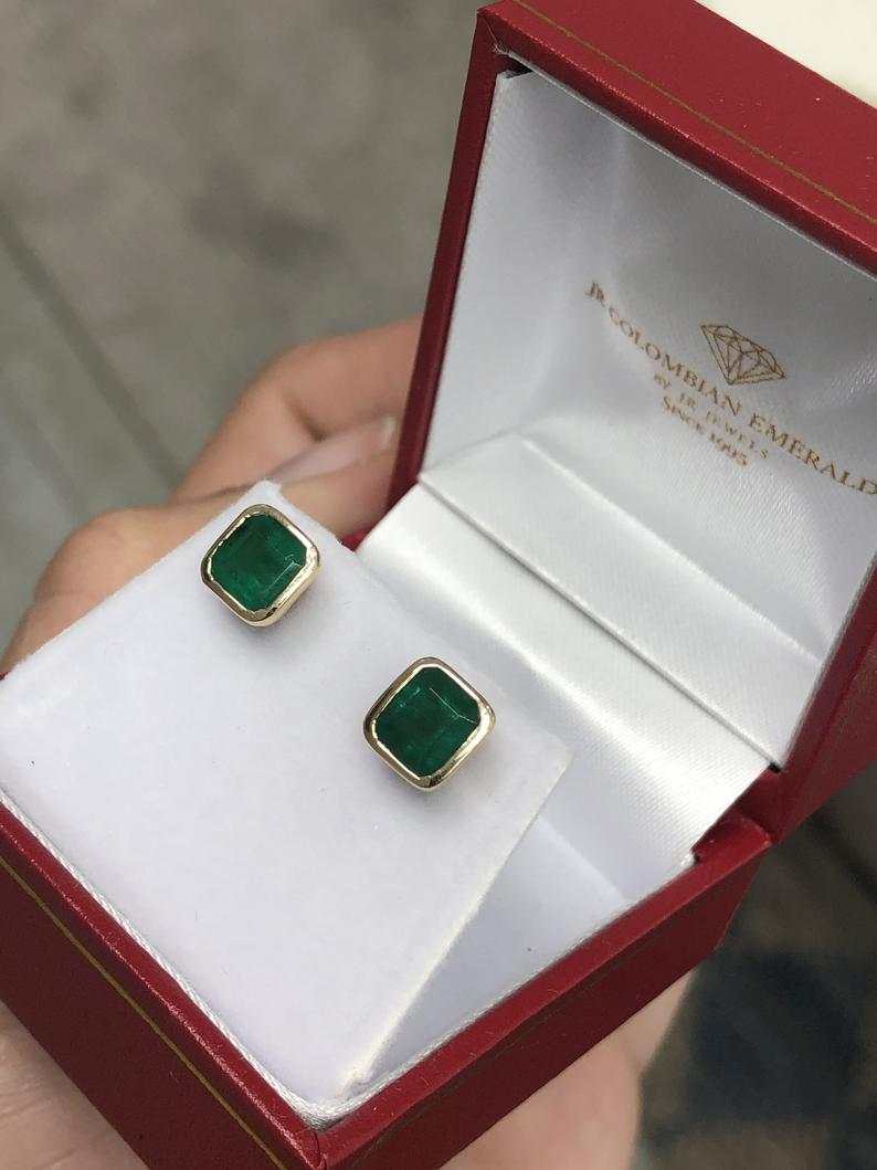 2.20 carat certified Asscher Cut Natural Emerald Dark Green Bezel Set Earrings