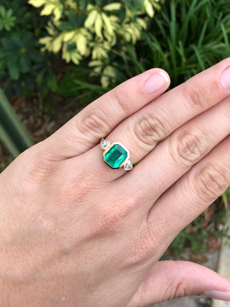 3.50tcw Three Stone Emerald cut Natural Emerald & Heart Diamond Ring 18K