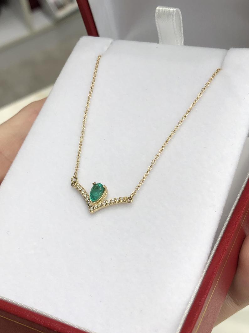 Natural Emerald Pear & Accented Diamond V Necklace 