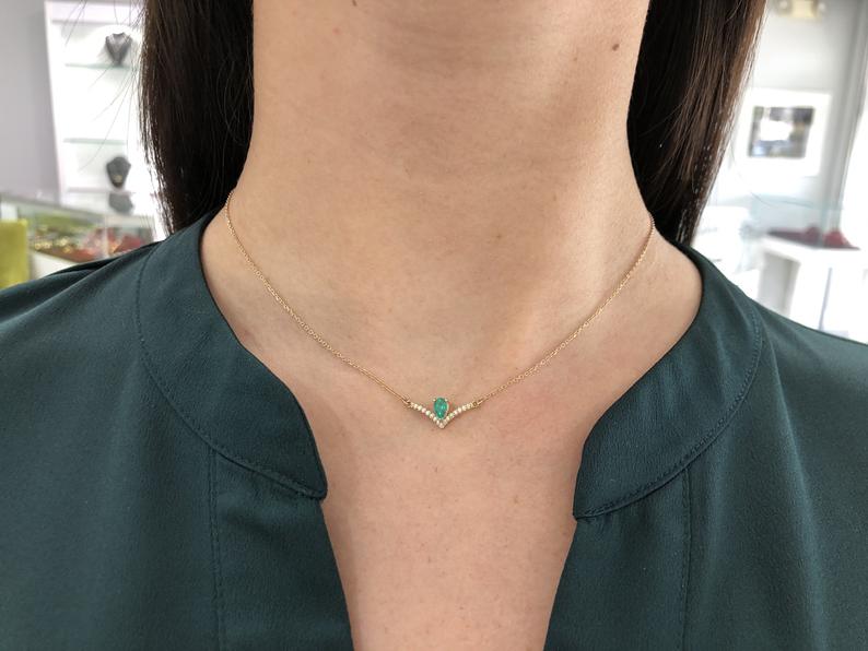 Natural Emerald Pear & Accented Diamond V Necklace 14K Gold