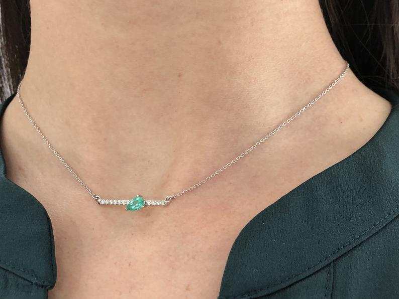 Natural Pear Cut Emerald & Accented Diamond Bar Necklace 14K