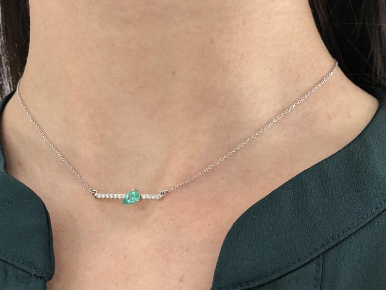 Pear Cut Emerald & Accented Diamond Bar Necklace 14k Gold