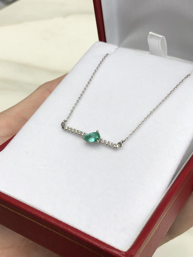 Natural Pear Cut Emerald & Accented Diamond Bar Necklace 14k Gold