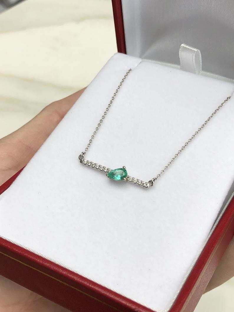 Natural Pear Cut Emerald & Accented Diamond Bar Necklace 14k Gold