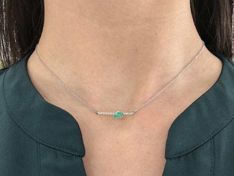 Natural Cut Emerald & Accented Diamond Bar Necklace 14k Gold