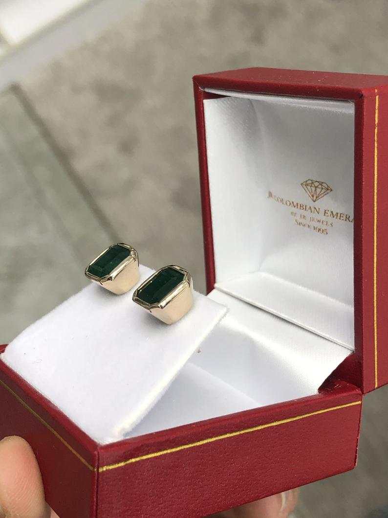 Big Bezel Set Square Emerald Gold Earrings