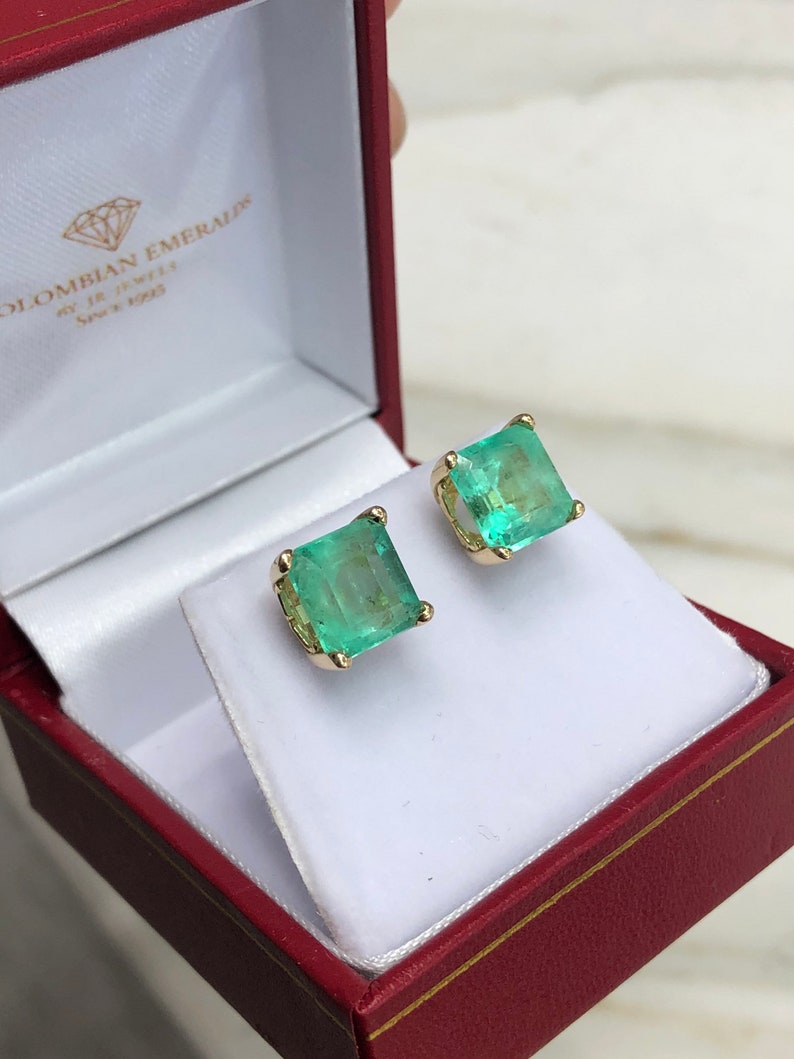 18K Colombian Emerald Asscher Cut Natural May Birthstone Earrings