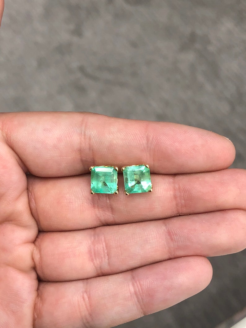 5.70tcw jumbo Colombian Emerald Asscher Cut Natural May Birthstone Earrings 18K gold