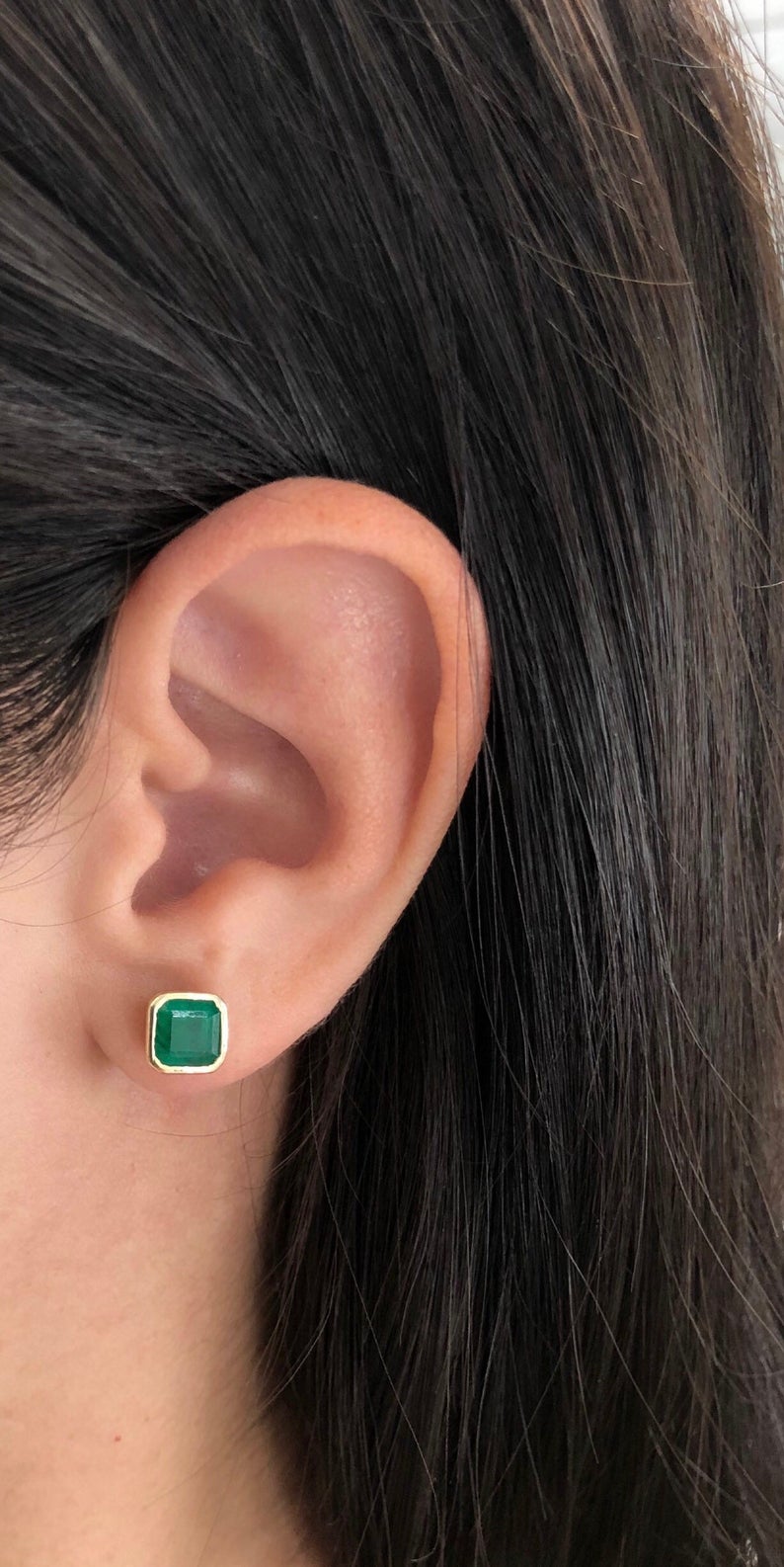 Certified Natural Emerald Dark Green hand made Bezel Set Earrings 14K girl