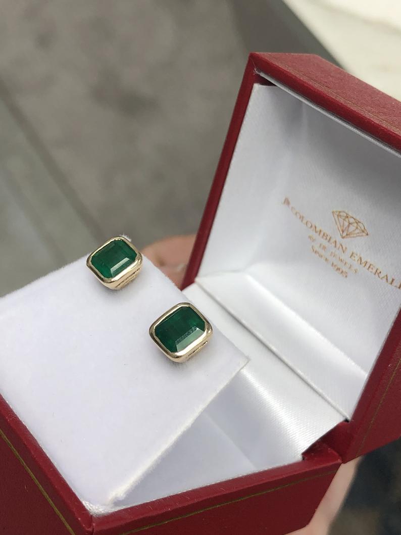 2.20tcw hand crafted Asscher Cut Natural Emerald Dark Green Bezel Set Earrings 14K gift for her
