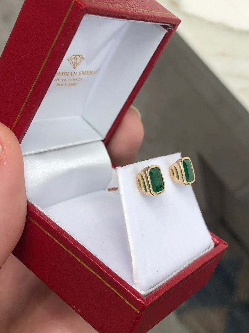 2 carat certified Asscher Cut Natural Emerald Dark Green Bezel Set Earrings