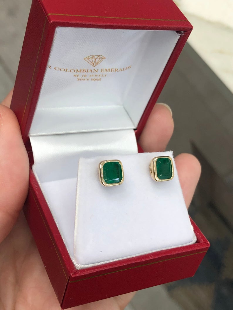 2.20tcw Asscher Cut Natural Emerald Dark Green Bezel Set Earrings