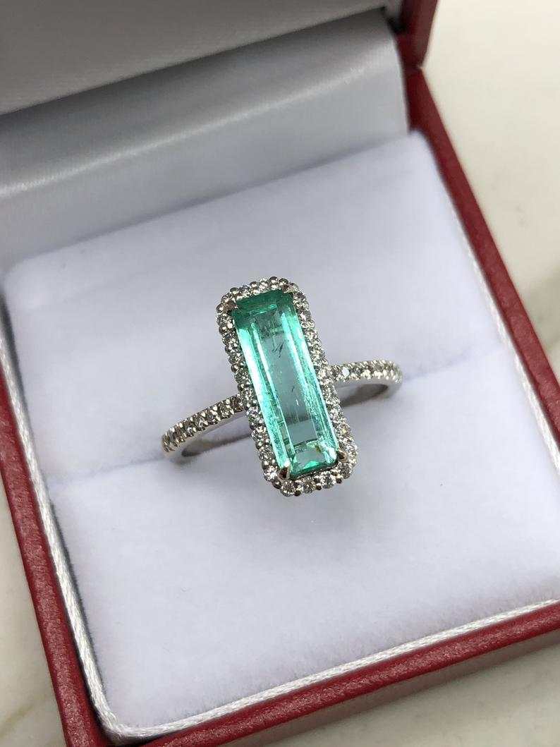 2.28tcw Elongated Rectangle Natural Emerald & Diamond Halo Gold Ring 14K