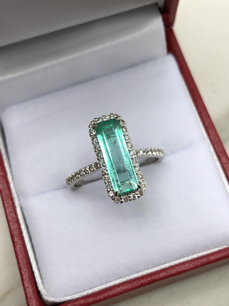Radiant 14K Gold Ring with 2.28tcw Elongated Rectangle Natural Emerald & Diamond Halo - Timeless Charm