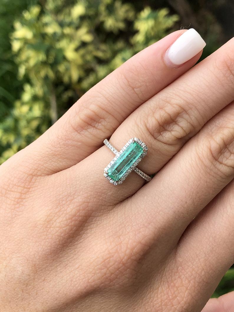 Chic and Sophisticated: Elongated Rectangle Natural Emerald & Diamond Halo 2.28tcw Ring in 14K Gold