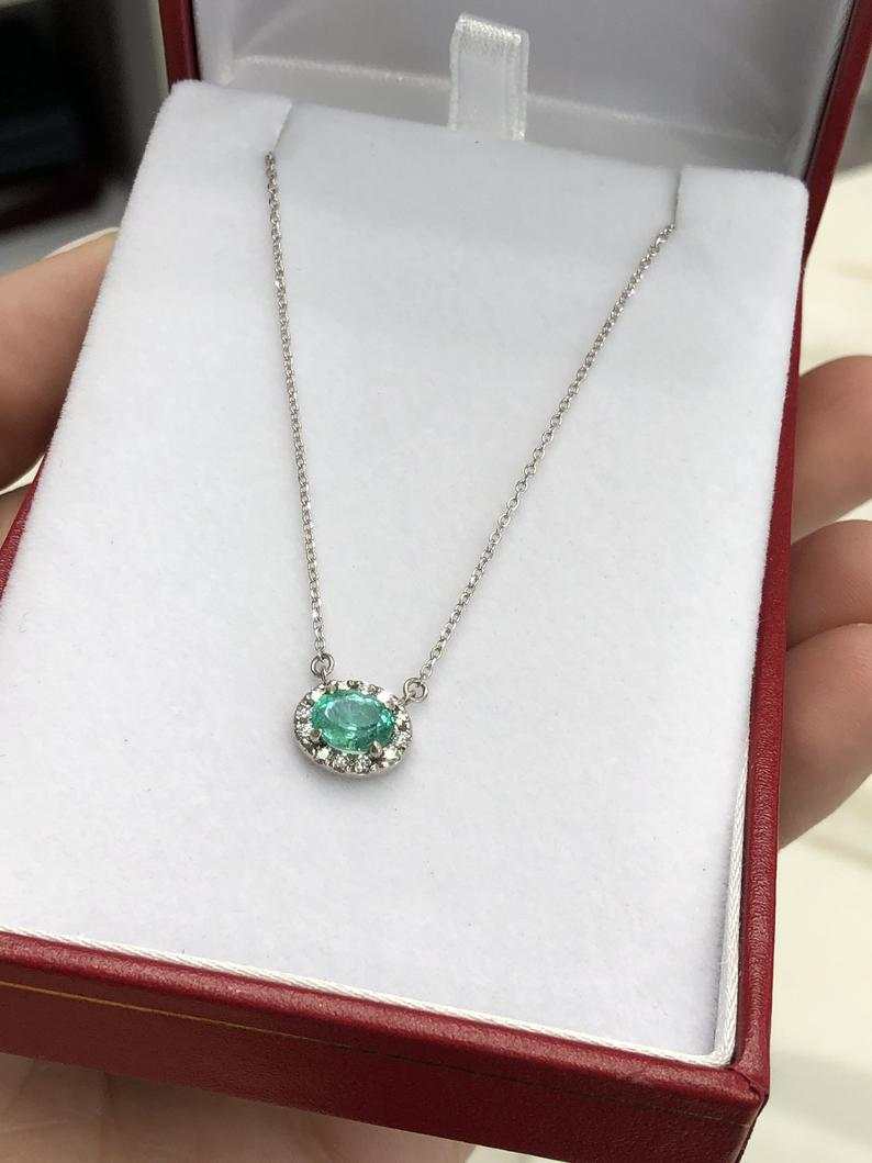 1.10tcw East to West Oval Emerald & Diamond Halo Necklace 14K