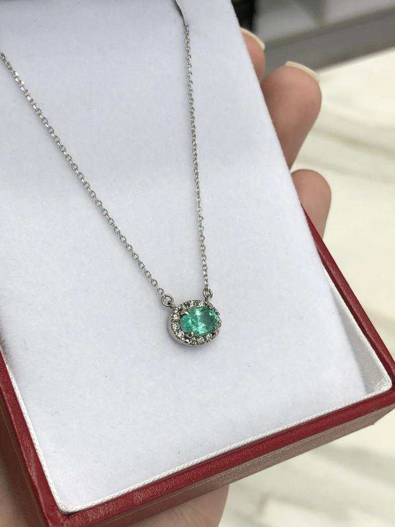 1.10tcw East to West Oval Emerald & Diamond Halo Necklace 14K