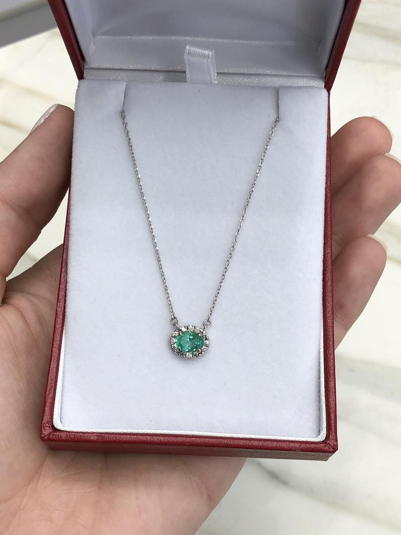  East to West Oval Emerald & Diamond Halo Necklace 14K