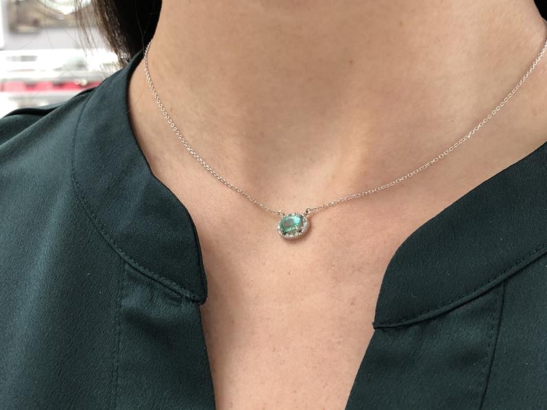 East to West Oval Emerald & Diamond Halo Necklace 14K