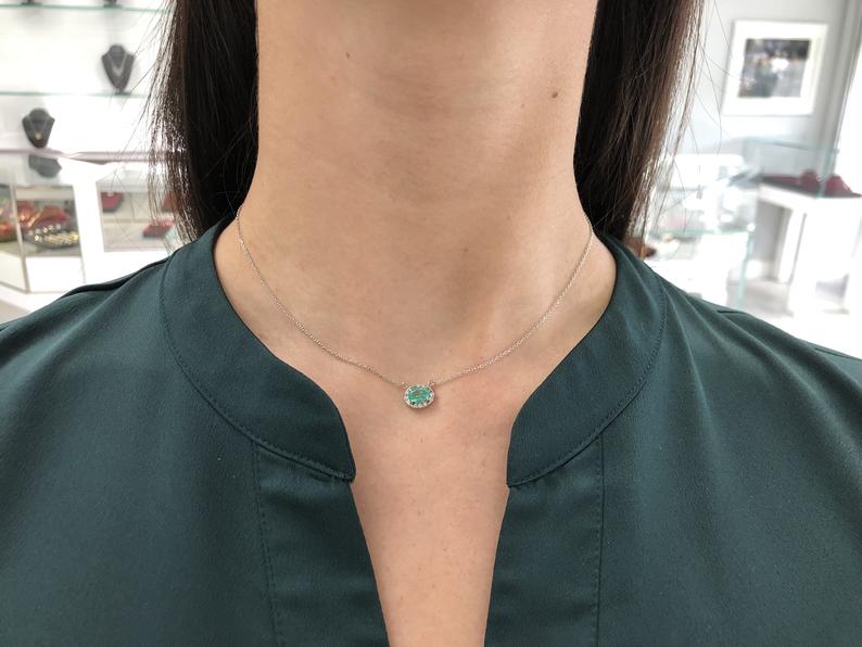 1.10tcw East to West Oval Emerald & Diamond Halo Necklace 