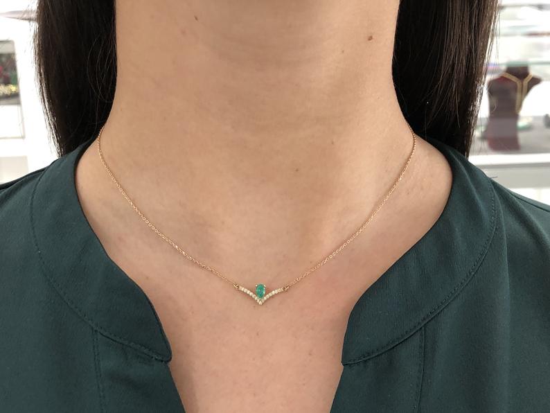 Natural Emerald Pear & Accented Diamond V Necklace 14K Gold