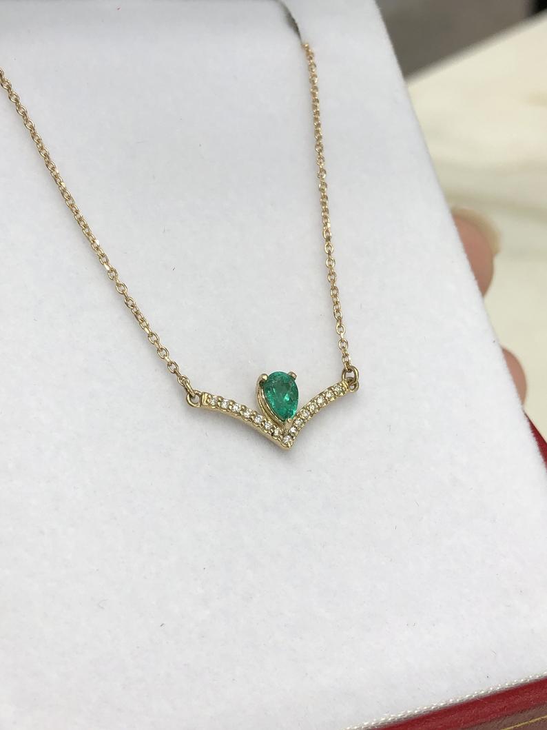 Natural Emerald Pear & Accented Diamond  14K Gold