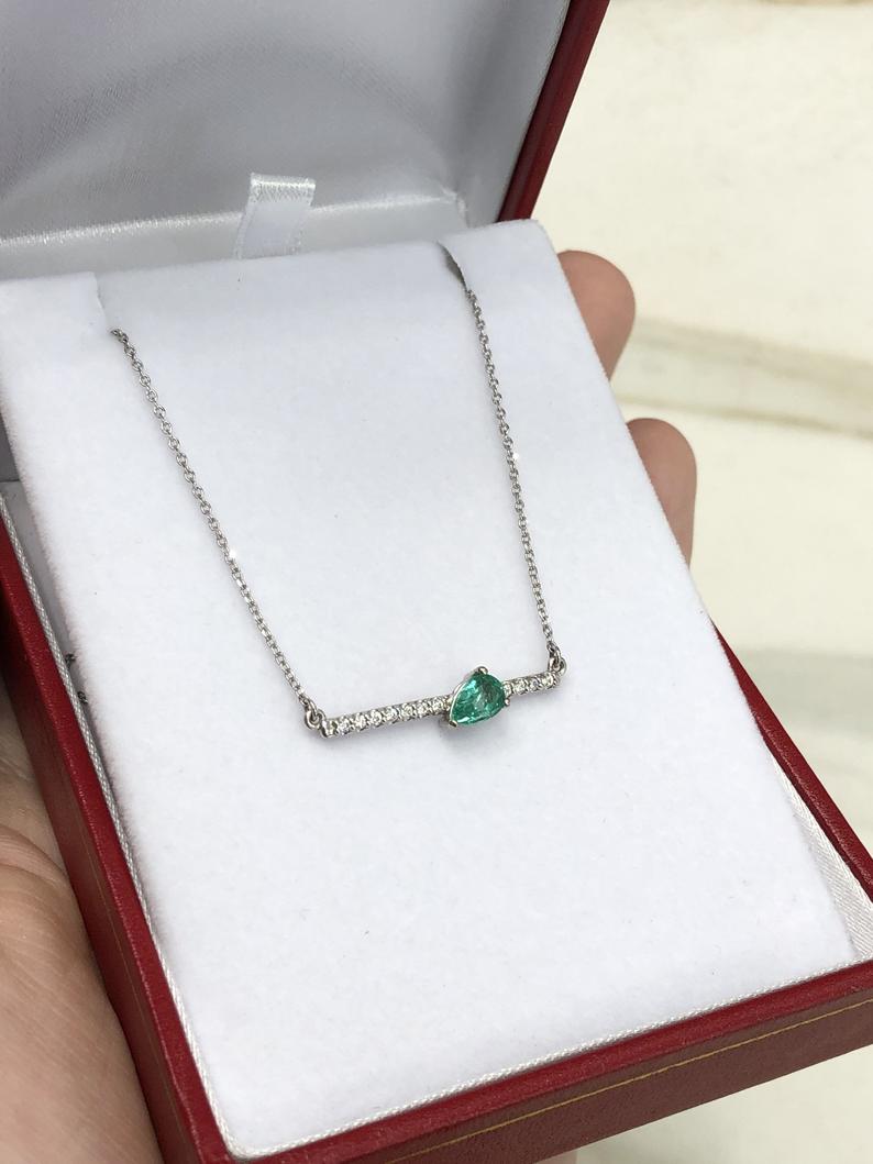 Natural Pear Cut Emerald & Accented Diamond Bar Necklace old