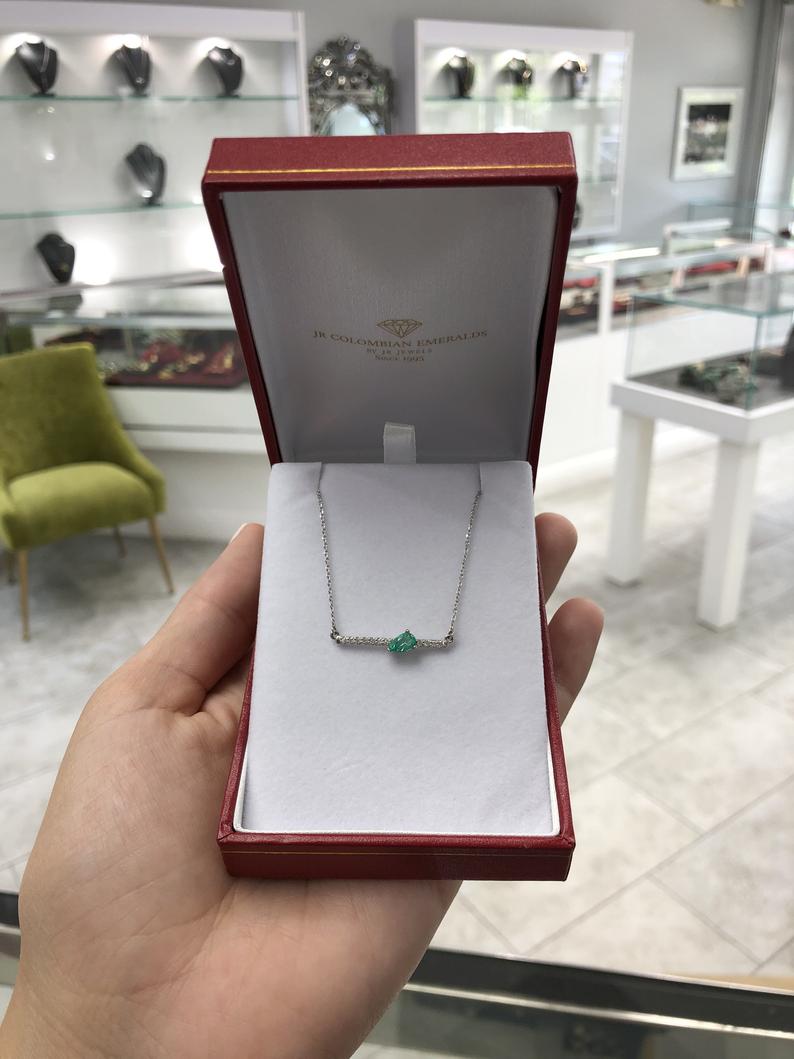 Cut Emerald & Accented Diamond Bar Necklace 14k Gold