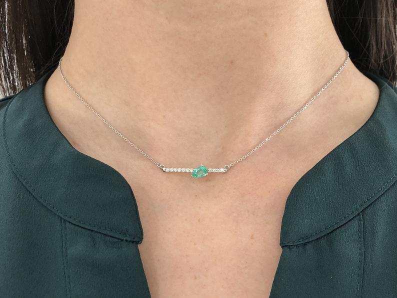 Natural Pear Cut Emerald & Accented Diamond Bar Necklace 14K