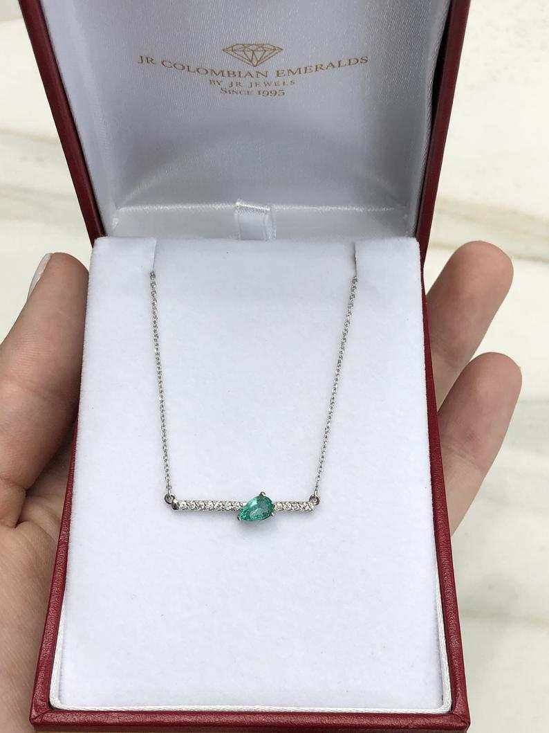 Cut Emerald & Accented Diamond Bar Necklace 14k Gold