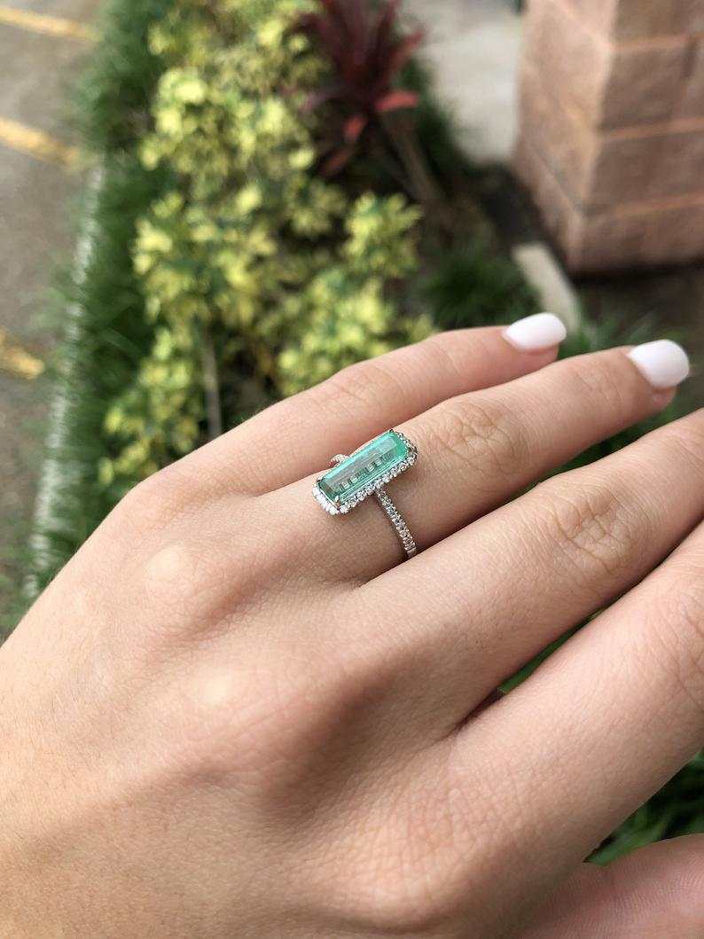 2.28tcw Elongated Rectangle Natural Emerald & Diamond Halo Gold Ring 14K