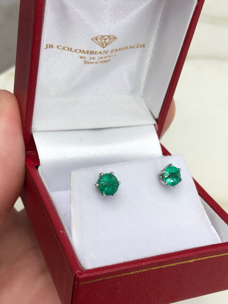 1.0tcw Six Prong Round Emerald Stud Earrings