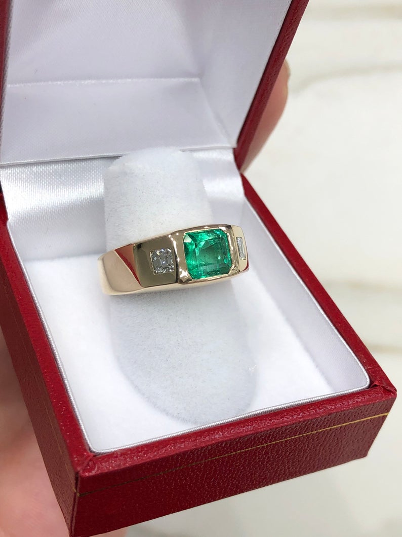 2.14tcw Three Stone Vivid Green Colombian Emerald & Asscher Diamond Signet Gypsy Ring