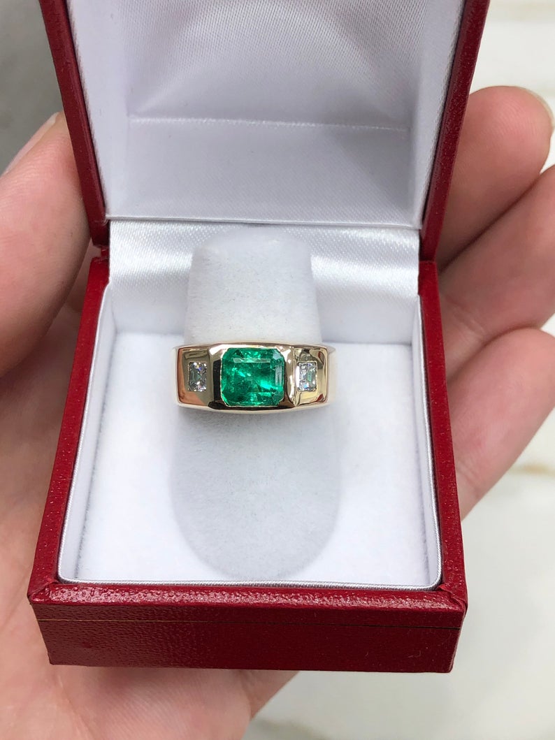 Stone Emerald & Asscher Diamond 2.14tcw Signet Gypsy ring gift 14K