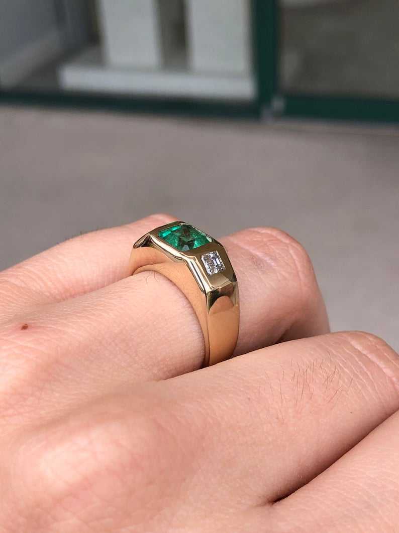 Stone Emerald & Asscher Diamond Gypsy Three Stone Natural Emerald Cut & Round Diamond Bezel Gypsy Ring