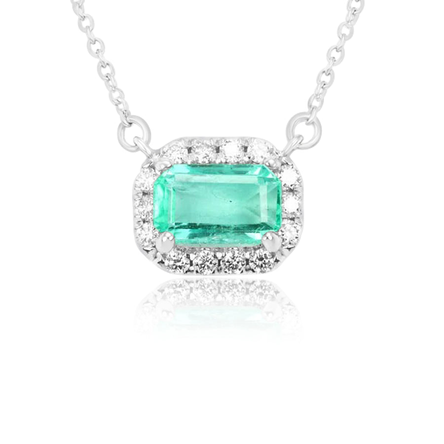 1.25tcw East to West Spring Green Emerald Cut & Diamond Pave Halo White Necklace 14K