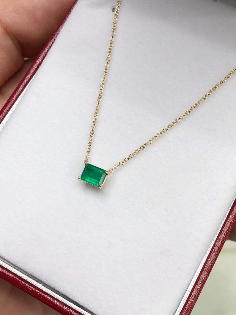 Natural Emerald Solitaire  Emerald Cut Necklace 14K