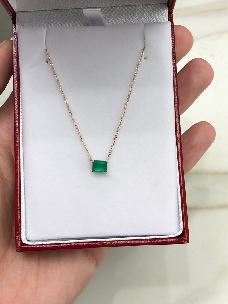 Natural Emerald Solitaire East to West Emerald Cut Necklace 14K