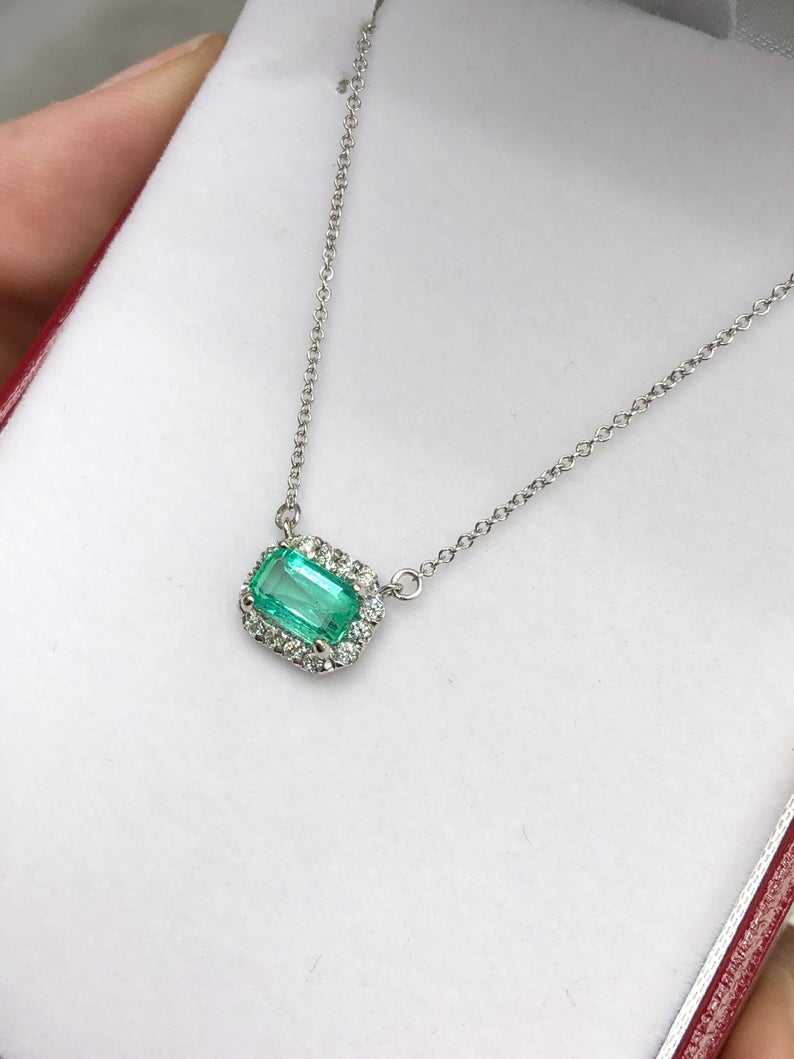 1.25tcw East to West Spring Green Emerald Cut & Diamond Pave Halo White Necklace 14K