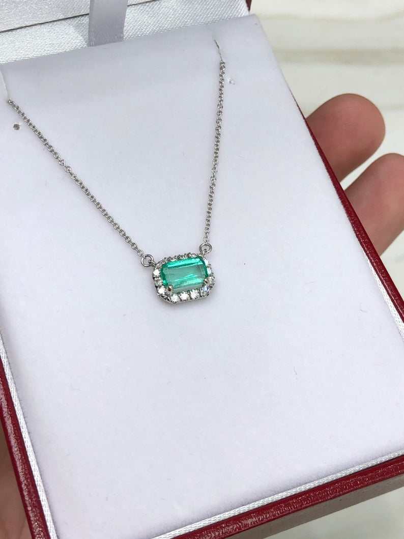 1.25tcw East to West Spring Green Emerald Cut & Diamond Pave Halo White Necklace 14K