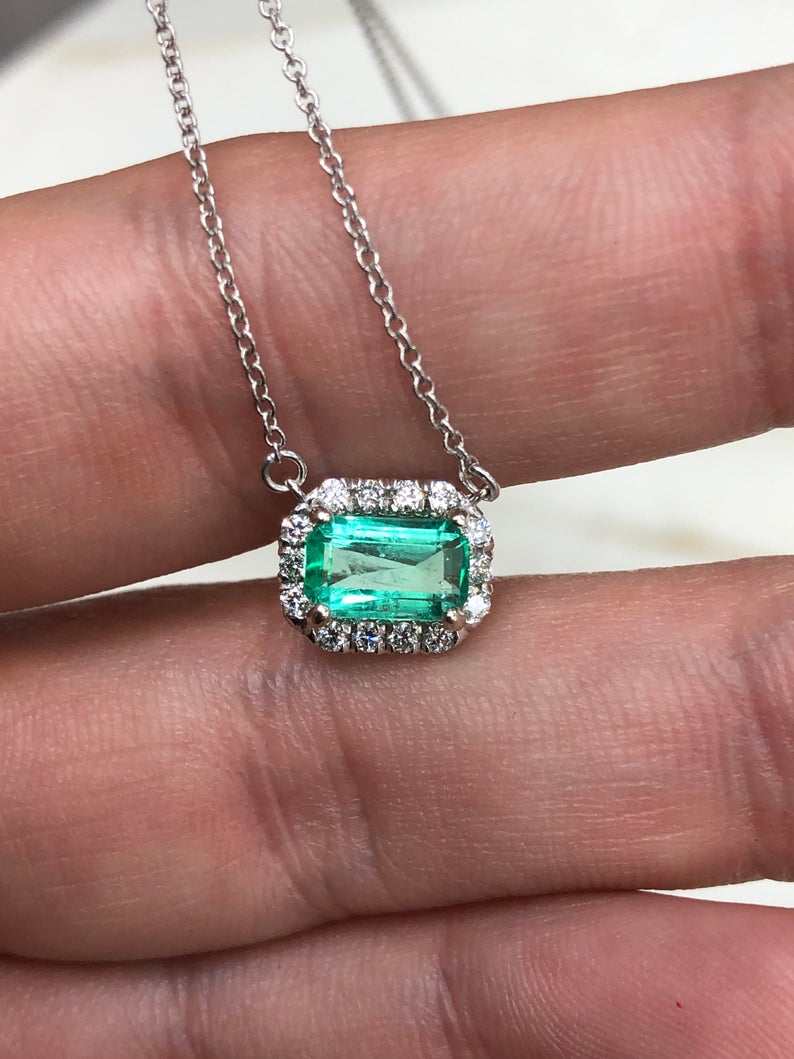 1.25tcw East to West Spring Green Emerald Cut & Diamond Pave Halo White Necklace 14K